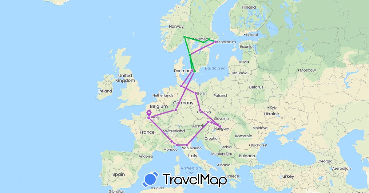 TravelMap itinerary: driving, bus, train in Austria, Czech Republic, Germany, Denmark, France, Hungary, Italy, Norway, Sweden, Slovakia (Europe)